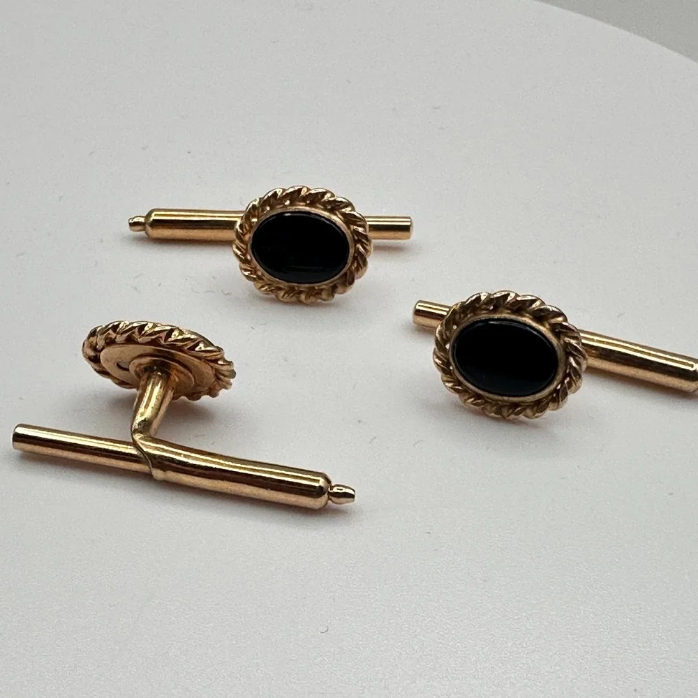 Vintage 90s Gold Tone‎ Twisted Rope Edge Black Onyx Cufflinks Set Jewelry